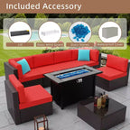 Ensemble de meubles de patio 8 pièces Celebalcony avec table foyer de 45 po. Salon de jardin sectionnel en rotin PE avec coussins rouges