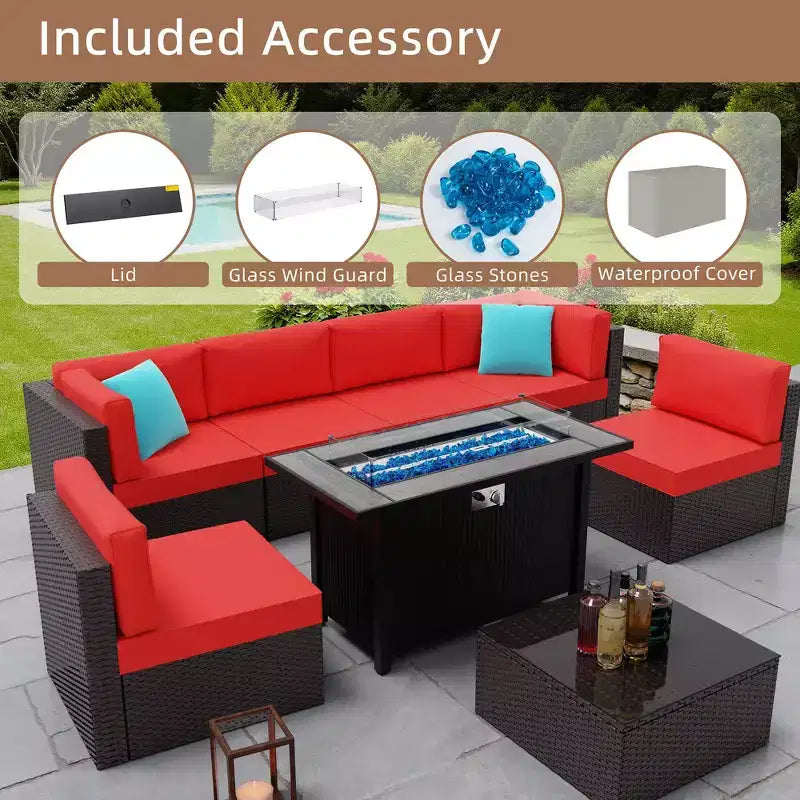 Ensemble de meubles de patio 8 pièces Celebalcony avec table foyer de 45 po. Salon de jardin sectionnel en rotin PE avec coussins rouges