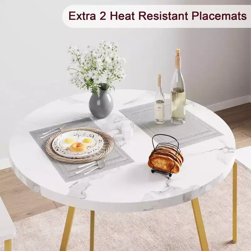 Ensemble table à manger et 2 chaises, table de cuisine ronde en bois et chaises, 2 chaises en métal et bois, pour petit espace, appartement
