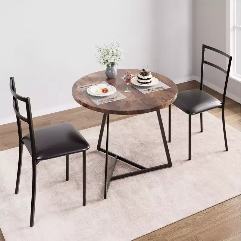 Dining Table Set for 2, Round Wooden Kitchen Table and Chairs, 2 Metal and Wood Chairs, for Small Space, Apartment