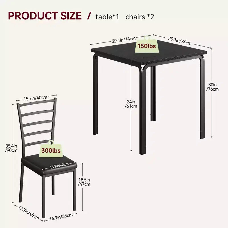Ensemble de salle à manger 3 pièces, table et 2 chaises, ensemble de dînette moderne pour 2, 2 chaises à dossier en métal, pour dînette, cuisine, salle à manger