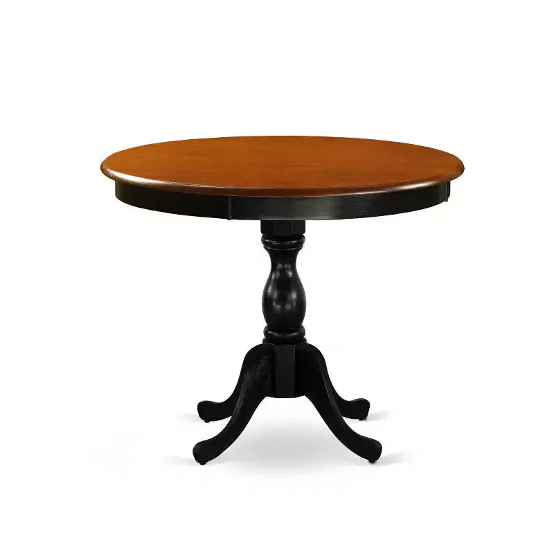 Ensemble de salle à manger HomeStock 5 pièces avec table ronde plateau en bois massif finition noir et cerisier et 4 chaises à dossier à barreaux