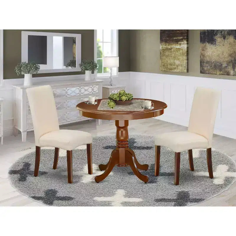 Ensemble table à manger ronde 36 pouces - 3 pièces table et chaises style artisanal côtier - Tissu lin crème