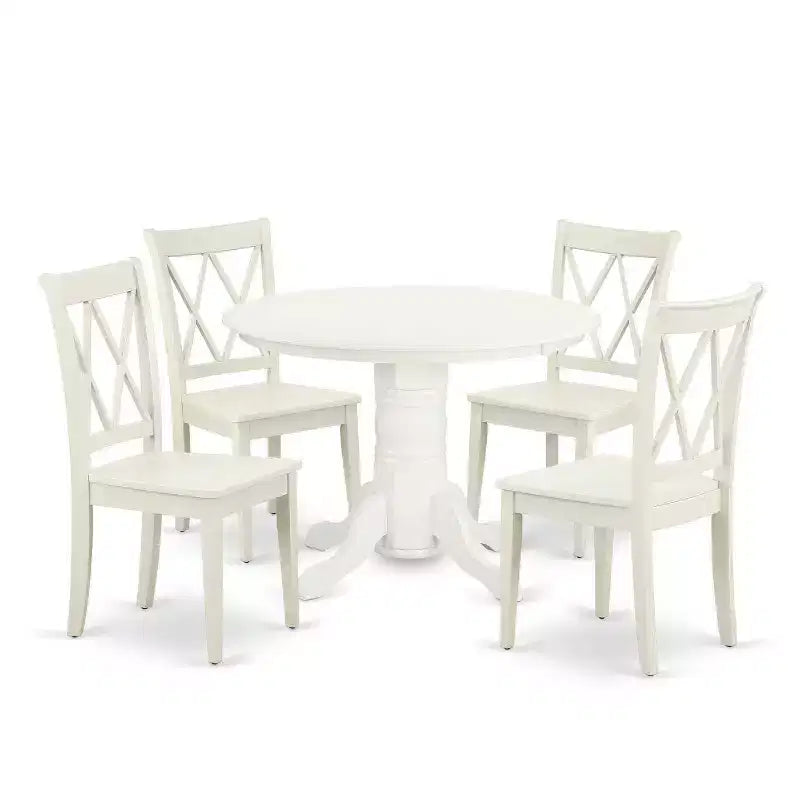 Dining Table Set for 4 - 5 Piece Round Kitchen Table with Chairs - Old World Charm - 42 Inch - Linen White