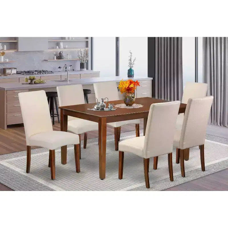 HomeStock Table à manger 7 pièces rectangulaire en bois massif finition acajou avec 6 chaises Parson