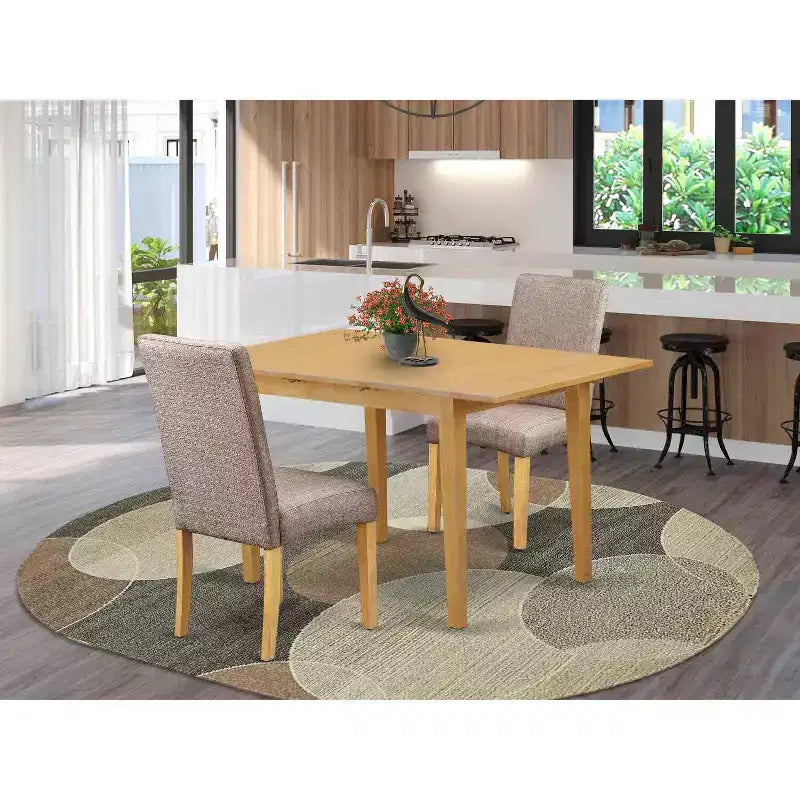Ensemble de salle à manger rectangulaire - Table et chaises 3 pièces style cottage, tissu en lin, finition kaki foncé