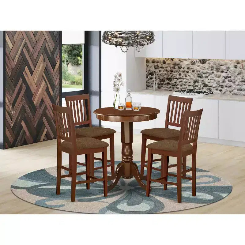 Ensemble de salle à manger hauteur comptoir - Table et chaises de cuisine bohèmes 5 pièces - Table ronde à pied central en bois