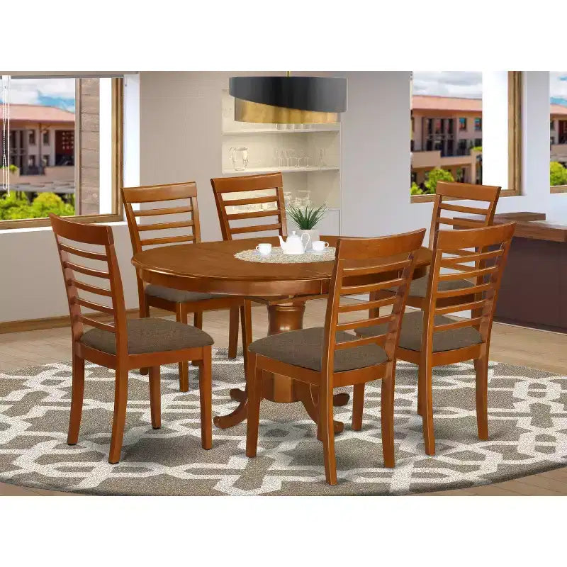 Table à manger HomeStock 7 pièces de forme ovale, plateau en bois massif finition marron selle avec 6 chaises