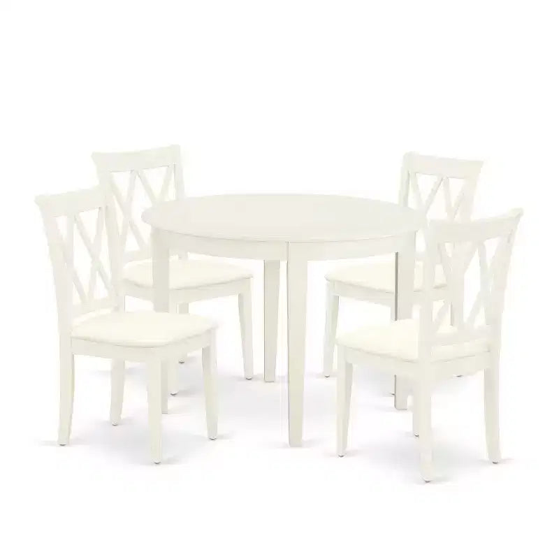 5 Piece Dinette Set - Round Kitchen Table & 4 Dining Chairs - 42 Inch - Linen White