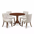 HomeStock 5-Pc Round Mahogany Finish Solid Wood Top Dining table with 4 Chairs with Drop Leaf