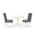 Round Dining Table Set 36 Inch - 3Pc Table & 2 Parsons Chairs - Linen White Legs - Gray Fabric