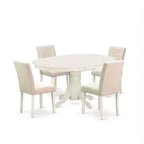 Vintage Oval Dining Table Set - 5pc Table & 4 Chairs - Linen White Legs - Light Beige Fabric
