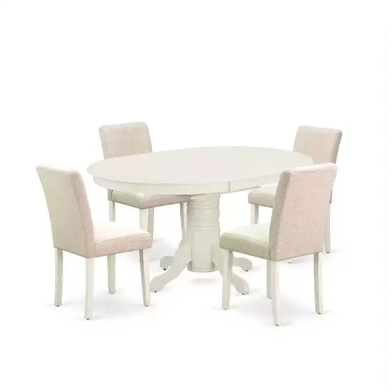 Vintage Oval Dining Table Set - 5pc Table & 4 Chairs - Linen White Legs - Light Beige Fabric