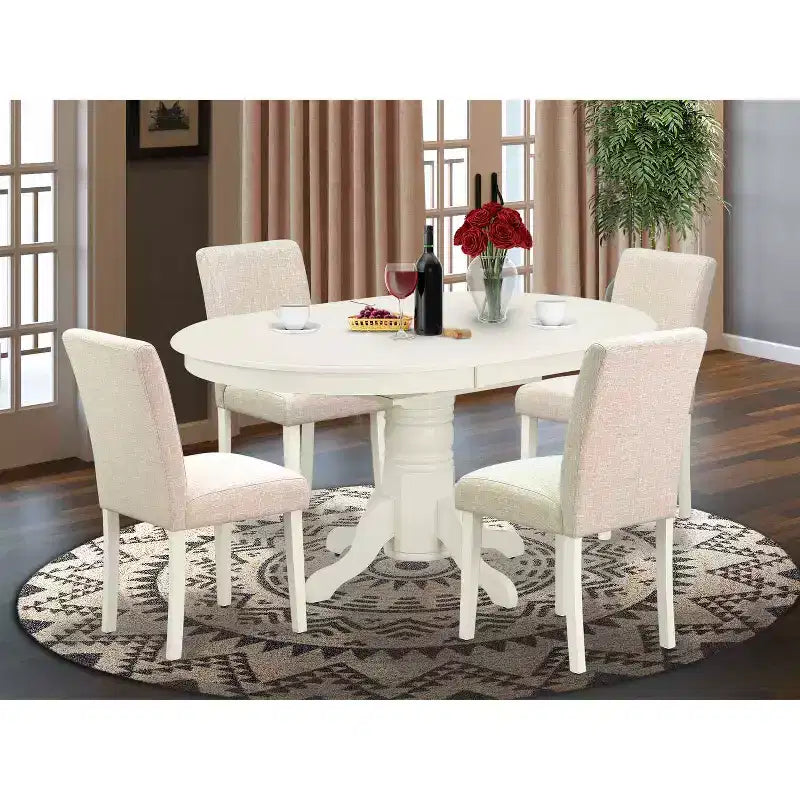 Ensemble table à manger ovale vintage - 5 pièces, 1 table et 4 chaises - Pieds blancs lin - Tissu beige clair