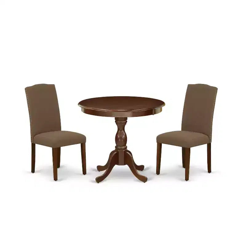 3-Piece Mahogany Finish Solid Wood Top Round Dining Room Set with High Back (Seats-4)
