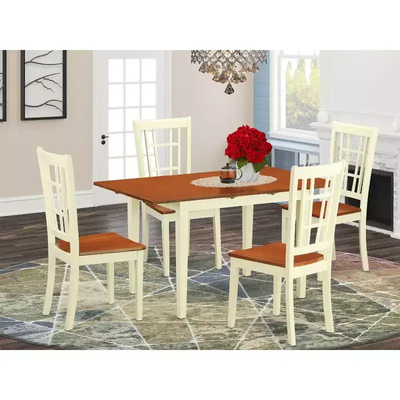 Ensemble de table de cuisine 5 pièces pour 4 personnes - Table à manger rectangulaire avec rallonge papillon et 4 chaises - Finition couleur crème et cerise