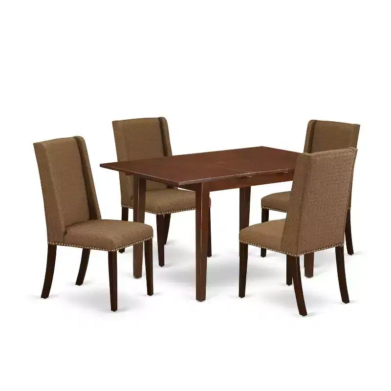 HomeStock 5-Piece Mahogany Finish Solid Wood Top Dining Table with 4 Parson Chair with Butterfly Leaf