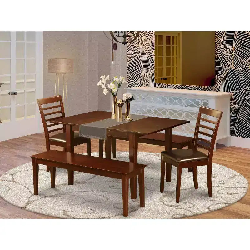 Ensemble de salle à manger contemporain 5 pièces – Table de cuisine avec rallonge et 2 chaises en similicuir, 2 bancs – 81x152 cm
