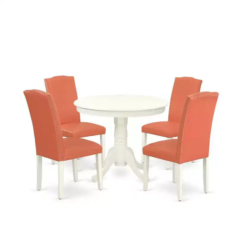 Round Dining Set 5pc - 36 Table & 4 Chairs - Pink Flamingo Linen White - Modern Kitchen Set