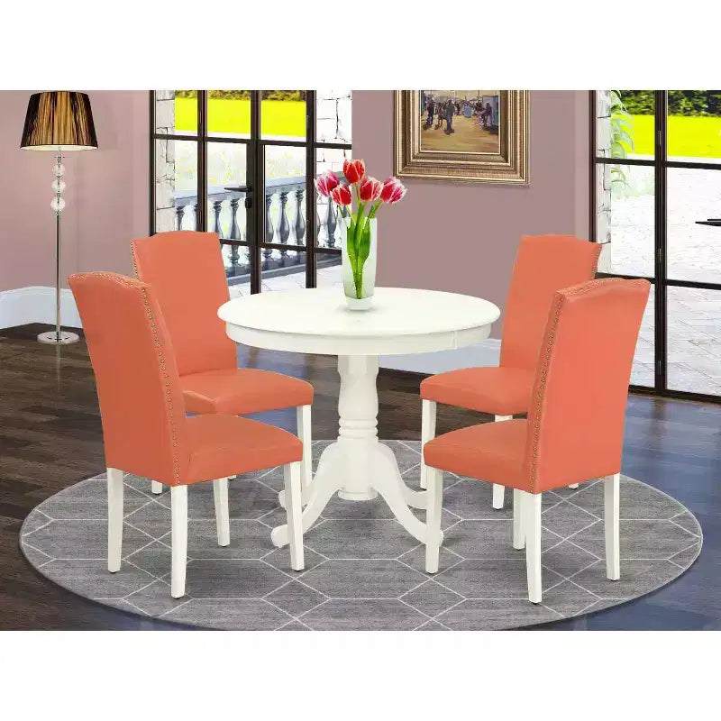 Ensemble de salle à manger rond 5 pièces – Table 36" et 4 chaises – Blanc lin flamant rose – Ensemble de cuisine moderne
