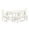 HomeStock 5-Piece Rectangle Linen White Finish Solid Wood Top Dining Table with 2 Benches, 2 Chairs