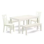 HomeStock 5-Piece Rectangle Linen White Finish Solid Wood Top Dining Table with 2 Benches, 2 Chairs