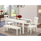 Table à manger HomeStock 5 pièces rectangulaire avec plateau en bois massif finition lin blanc, 2 bancs et 2 chaises
