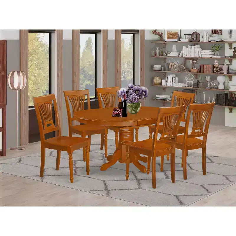 Table à manger 7 pièces ovale en bois massif finition brun selle avec 6 chaises avec
