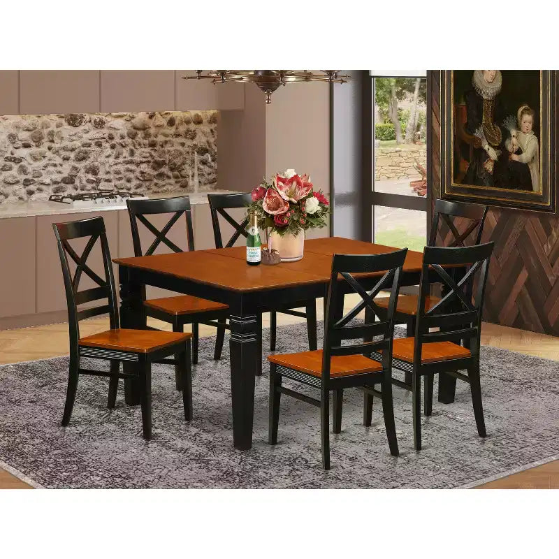 Table de salle à manger HomeStock 7 pièces avec plateau en bois massif noir et cerisier et 6 chaises