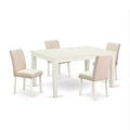 Rectangle Kitchen Dining Table Set - 5pc Table & 4 Chairs - Linen White Legs - Light Beige Fabric