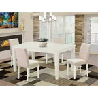 Ensemble de table à manger rectangulaire de cuisine - Table et 4 chaises (5 pièces) - Pieds blancs lin - Tissu beige clair