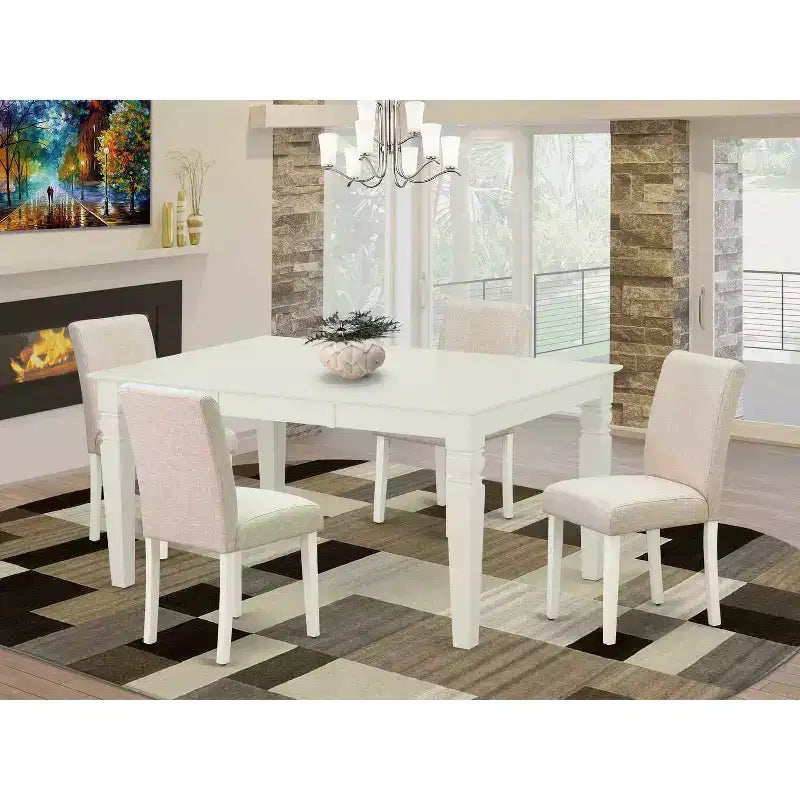 Ensemble de table à manger rectangulaire de cuisine - Table et 4 chaises (5 pièces) - Pieds blancs lin - Tissu beige clair