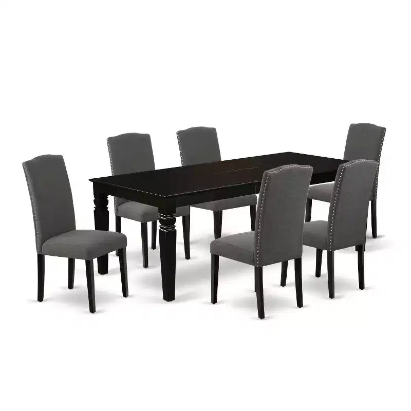 HomeStock 7-Piece Rectangle Black Finish Solid Wood Top Dining Table with 6 Parson-Chairs
