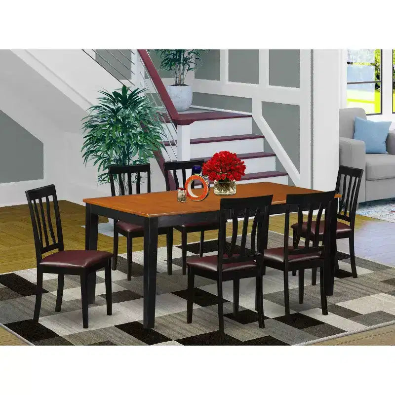 Ensemble de salle à manger victorien - Ensemble table et chaises 7 pièces - Table de cuisine rectangulaire avec rallonge - Finition noire et cerisier