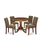 Round Dining Set 5pc - 36 Table & 4 Chairs - Linen Fabric, Mahogany Legs - Elegant Dining Room Furniture