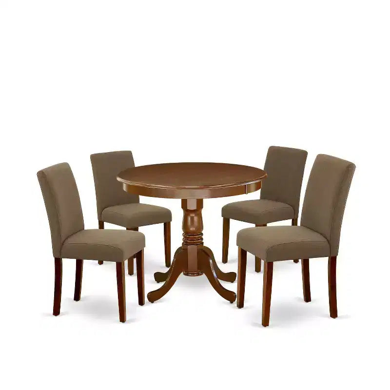 Round Dining Set 5pc - 36 Table & 4 Chairs - Linen Fabric, Mahogany Legs - Elegant Dining Room Furniture