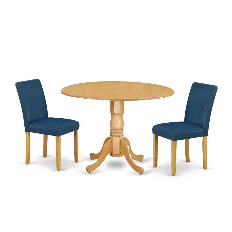 Round Dining Table Set - 42 Table w/ Drop Leaves & 2 Parsons Chairs - Linen White PU Leather