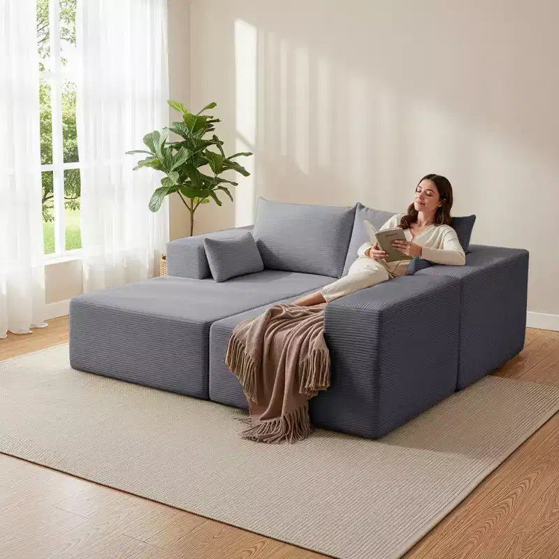 105.51 en velours côtelé sectionnel modulaire en forme de L avec pouf