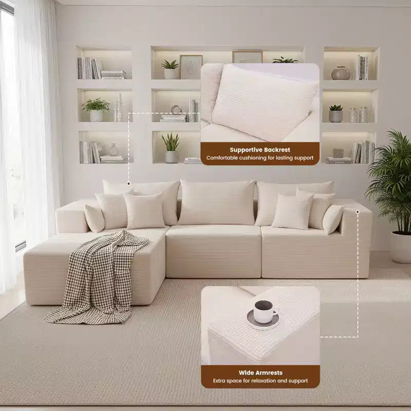 105.51 en velours côtelé sectionnel modulaire en forme de L avec pouf