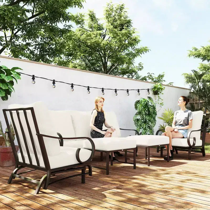 Ensemble de mobilier de jardin 5 pièces pour patio, ensemble de mobilier d'extérieur avec 2 fauteuils à bascule, un canapé 3 places et 2 poufs