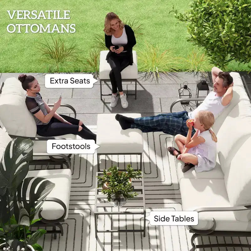 Ensemble de mobilier de jardin 5 pièces pour patio, ensemble de mobilier d'extérieur avec 2 fauteuils à bascule, un canapé 3 places et 2 poufs