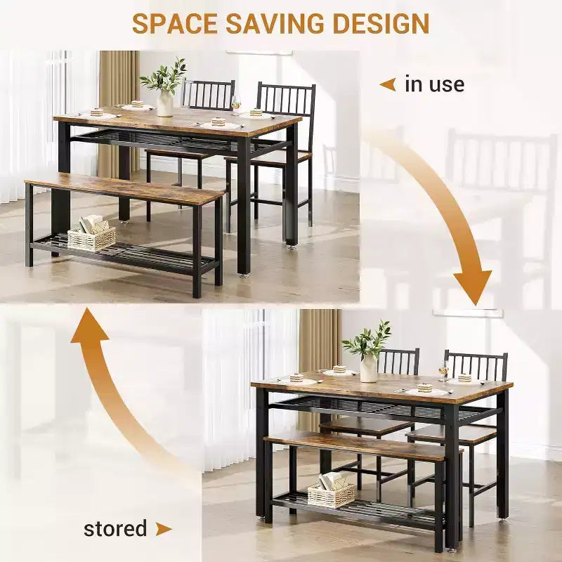 Ensemble de salle à manger 4 pièces pour 4 personnes, table de cuisine en bois avec 2 chaises et banc, ensemble de table de cuisine rectangulaire avec étagère de rangement pour salon