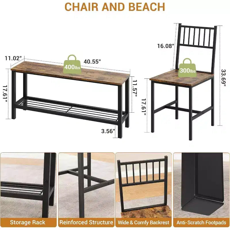 Ensemble de salle à manger 4 pièces pour 4 personnes, table de cuisine en bois avec 2 chaises et banc, ensemble de table de cuisine rectangulaire avec étagère de rangement pour salon