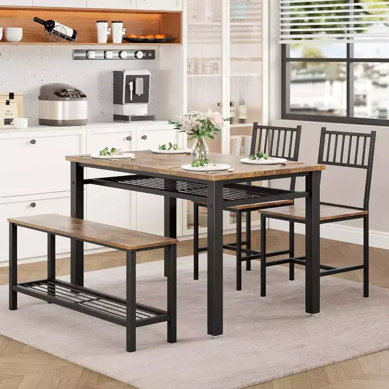 Ensemble de salle à manger 4 pièces pour 4 personnes, table de cuisine en bois avec 2 chaises et banc, ensemble de table de cuisine rectangulaire avec étagère de rangement pour salon