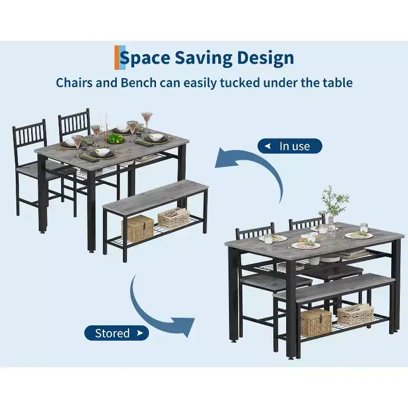 Ensemble de salle à manger 4 pièces pour 4 personnes, table de cuisine en bois avec 2 chaises et banc, ensemble de table de cuisine rectangulaire avec étagère de rangement pour salon