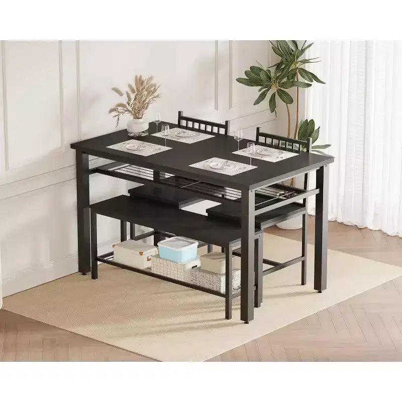 Ensemble de salle à manger 4 pièces pour 4 personnes, table de cuisine en bois avec 2 chaises et banc, ensemble de table de cuisine rectangulaire avec étagère de rangement pour salon