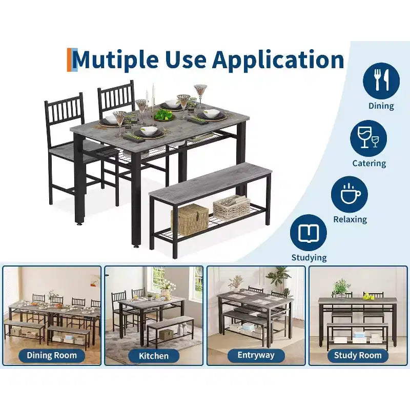 Ensemble de salle à manger 4 pièces pour 4 personnes, table de cuisine en bois avec 2 chaises et banc, ensemble de table de cuisine rectangulaire avec étagère de rangement pour salon