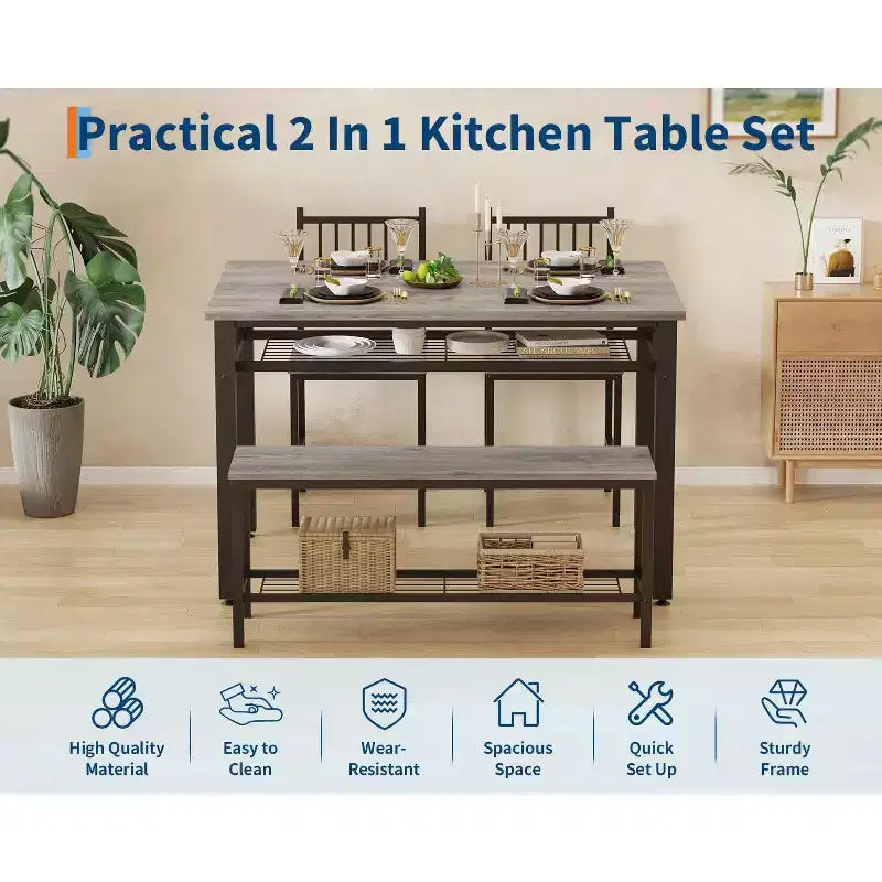 Ensemble de salle à manger 4 pièces pour 4 personnes, table de cuisine en bois avec 2 chaises et banc, ensemble de table de cuisine rectangulaire avec étagère de rangement pour salon