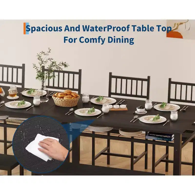 Ensemble de salle à manger 4 pièces pour 4 personnes, table de cuisine en bois avec 2 chaises et banc, ensemble de table de cuisine rectangulaire avec étagère de rangement pour salon