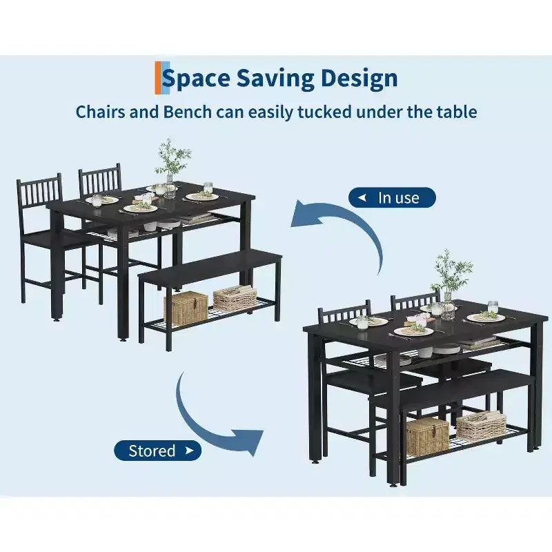Ensemble de salle à manger 4 pièces pour 4 personnes, table de cuisine en bois avec 2 chaises et banc, ensemble de table de cuisine rectangulaire avec étagère de rangement pour salon
